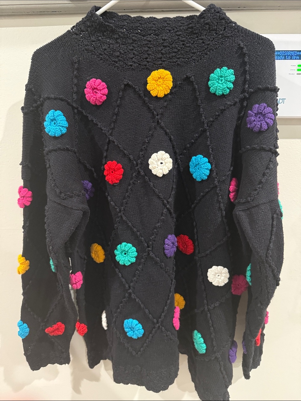 Black Crochet Flower Crewneck Sweater - Multicolor Floral Accents